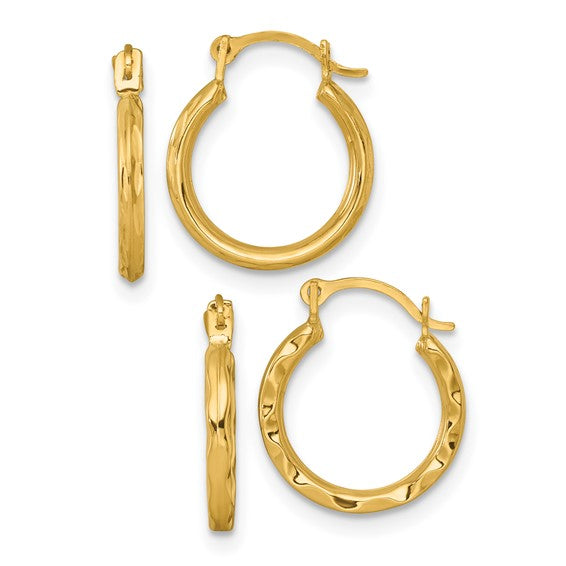 10k D/C and Textured Set of Two Pairs Hoop Earrings