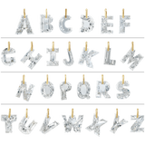 A set of alphabet letter charms from A to Z, each designed in the shape of a diamond and suspended from a small gold loop, arranged in four rows on a white background.
