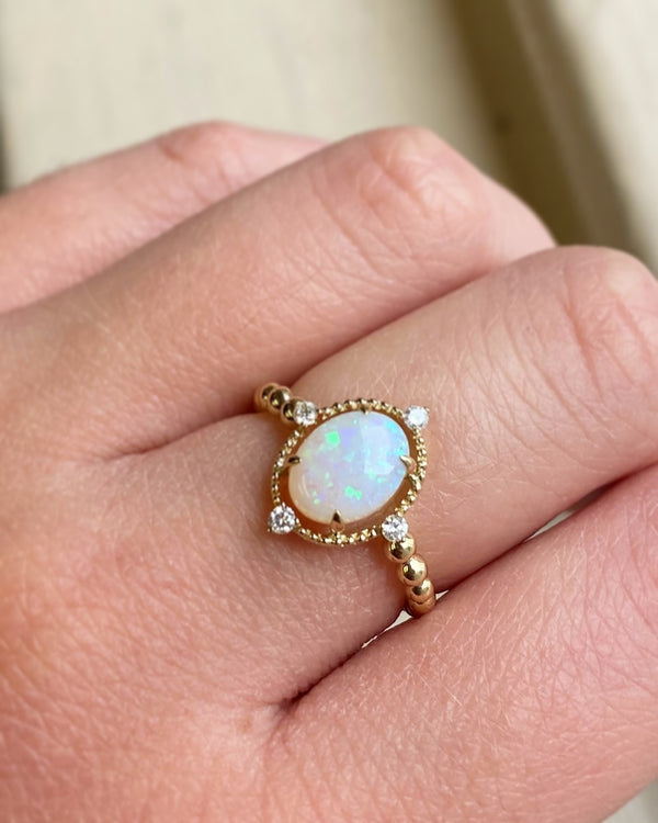 14K Yellow Gold Opal and Diamond Beaded Band Ring