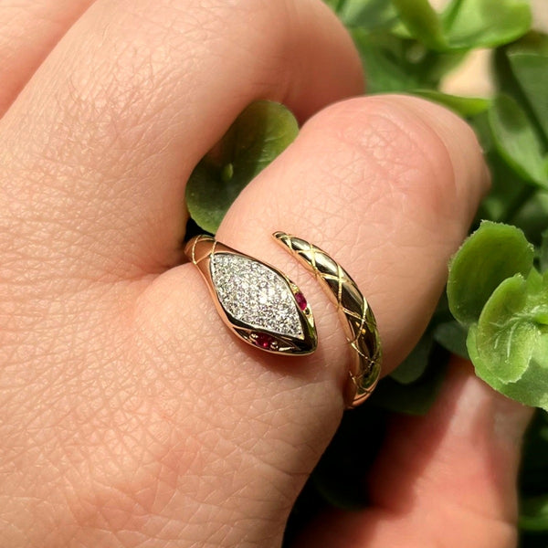 14K Yellow Gold Diamond Head with Ruby Eyes Snake Ring