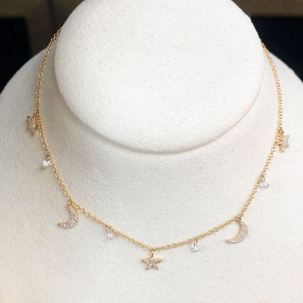 14K Yellow Gold Dashing Diamond Moon and Stars Pierced Diamonds Necklace