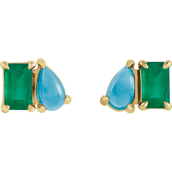 Yellow Lab-Grown Emerald & Natural Turquoise Two-Stone Stud Earrings