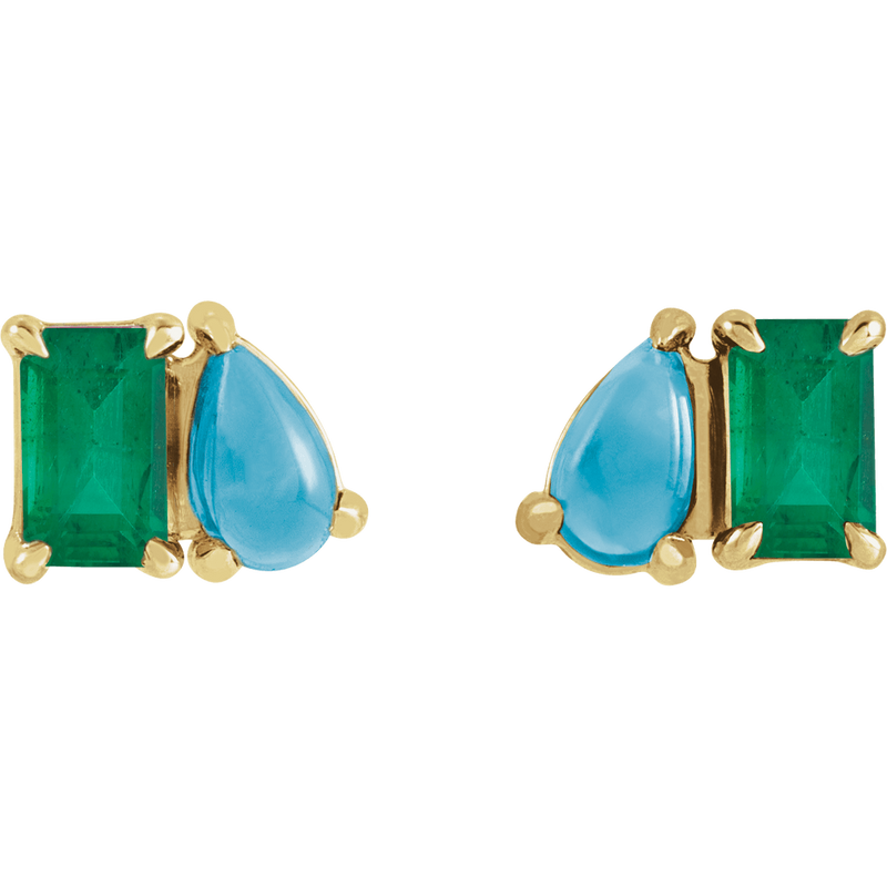 Yellow Lab-Grown Emerald & Natural Turquoise Two-Stone Stud Earrings