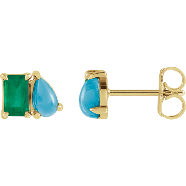 Yellow Lab-Grown Emerald & Natural Turquoise Two-Stone Stud Earrings