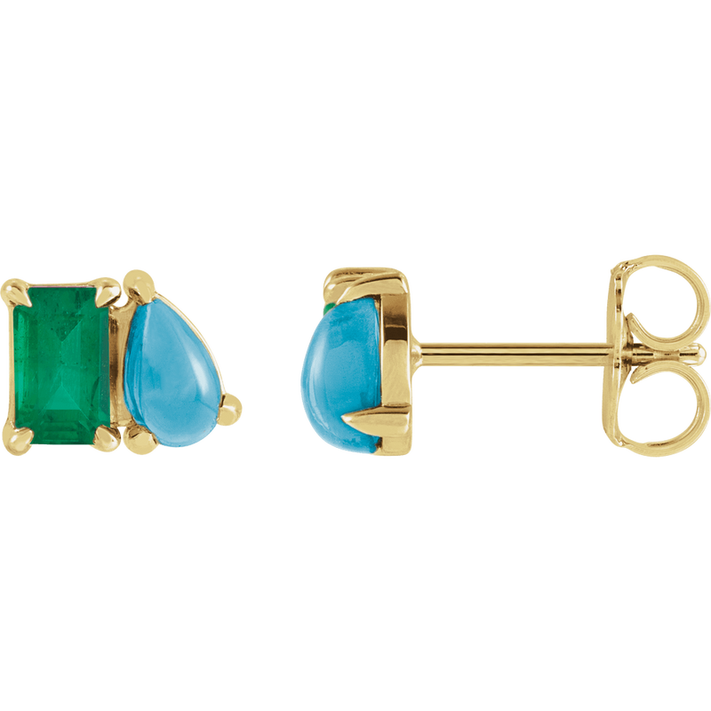 Yellow Lab-Grown Emerald & Natural Turquoise Two-Stone Stud Earrings