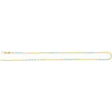 A delicate gold filled beaded chain necklace featuring small pastel-colored beads in pink, yellow, blue, and green, with a gold-tone lobster clasp at one end, displayed horizontally on a solid white background.