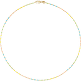 A delicate gold filled beaded necklace with small pastel-colored beads in yellow, green, pink, and blue, connected by gold-toned links, shown on a plain white background.