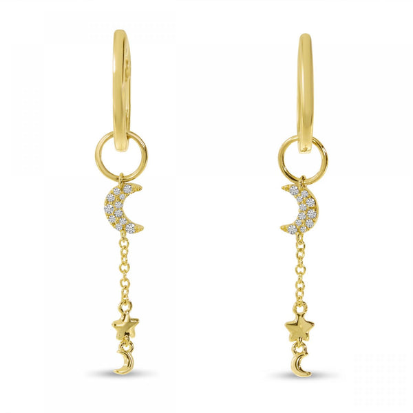 14K Yellow Gold Diamond Moon and Stars Dangle Hoop Earrings