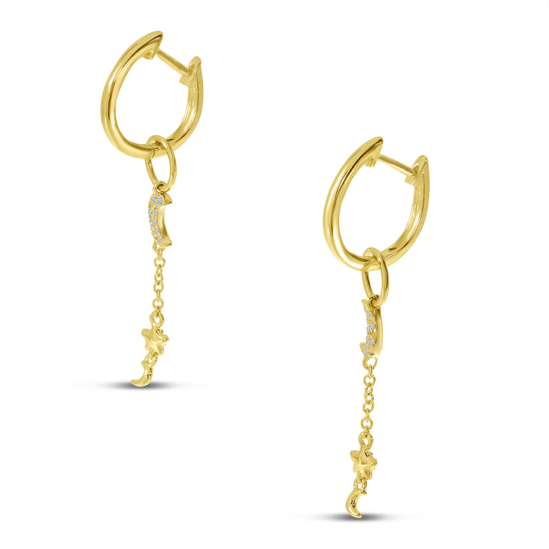 14K Yellow Gold Diamond Moon and Stars Dangle Hoop Earrings