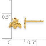 Gold bee-shaped earrings with a measurement scale on a white background