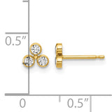 Gold earrings with three clear gemstones, shown with a measurement scale on a white background.