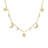 14K Yellow Gold Dashing Diamond Moon and Stars Pierced Diamonds Necklace