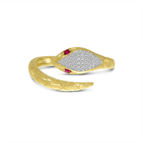 14K Yellow Gold Diamond Head with Ruby Eyes Snake Ring