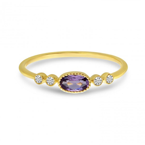 14K Yellow Gold Oval Gemstone and Diamond Stackable Semi Precious Ring