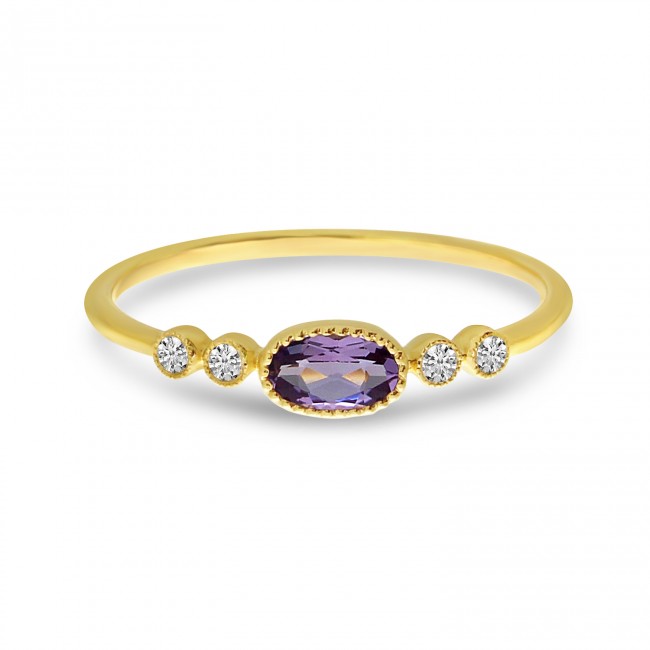 14K Yellow Gold Oval Gemstone and Diamond Stackable Semi Precious Ring